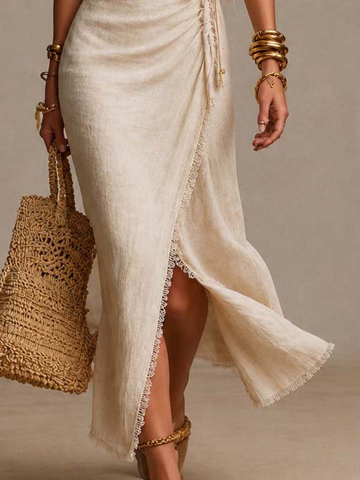 Tatiana | Vestido Midi em Linho Natural com Decote Cruzado e Renda