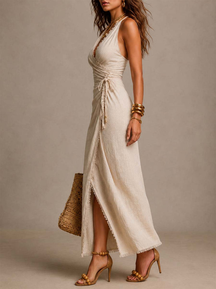 Tatiana | Vestido Midi em Linho Natural com Decote Cruzado e Renda