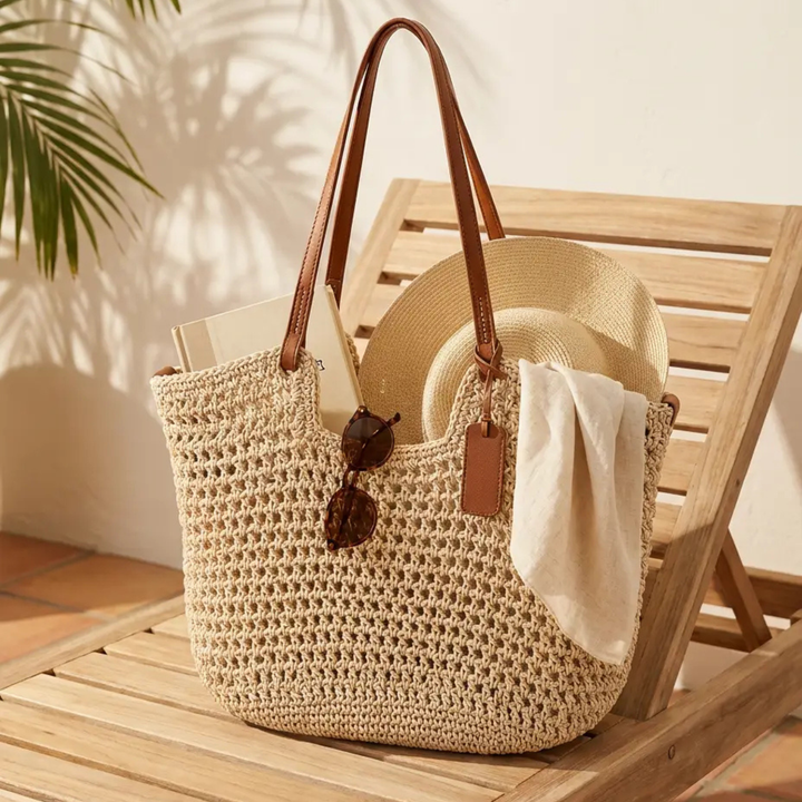 Alina | Bolsa Shopper Trançada à Mão em Crochê - Bege Claro