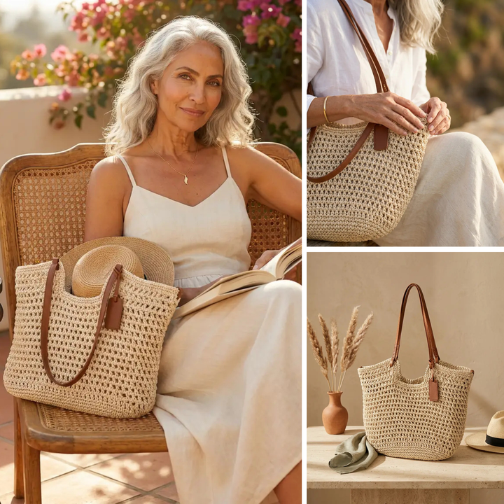 Alina | Bolsa Shopper Trançada à Mão em Crochê - Bege Claro