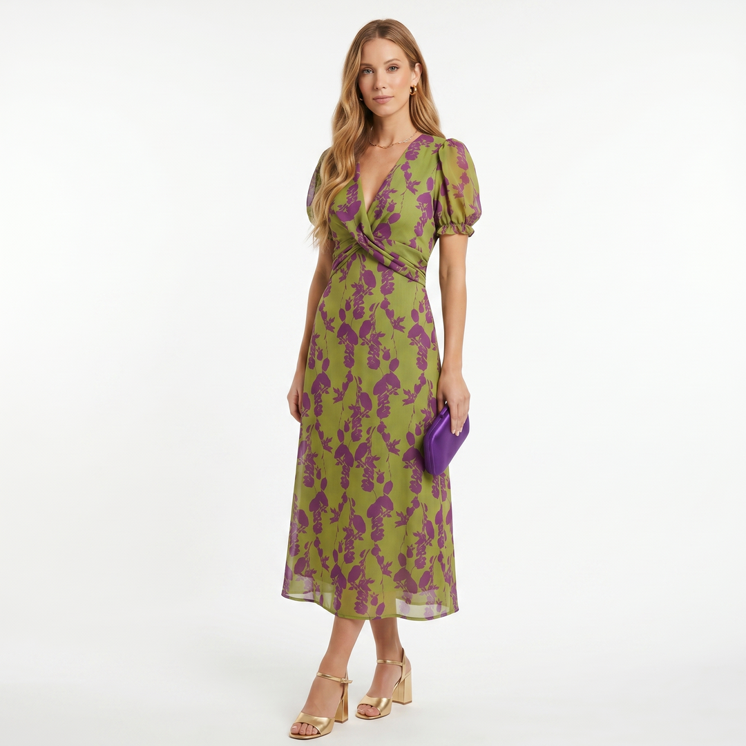 Sofia | Vestido Midi com Estampado Floral e Manga Curta