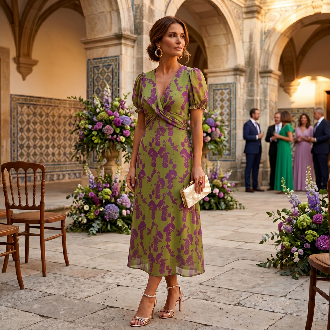Sofia | Vestido Midi com Estampado Floral e Manga Curta