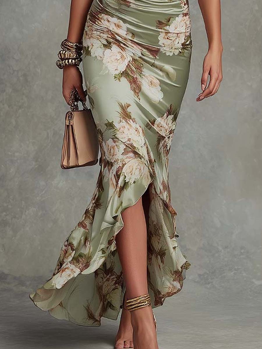 Ana | Vestido Longo em Cetim com Estampa Floral
