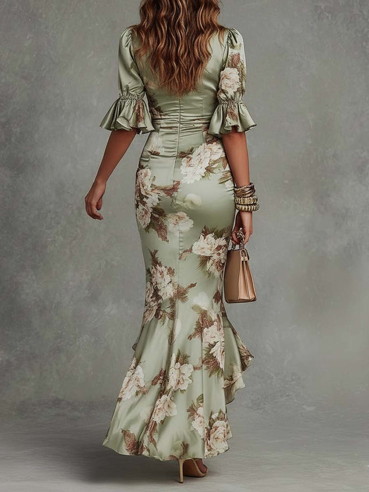 Ana | Vestido Longo em Cetim com Estampa Floral