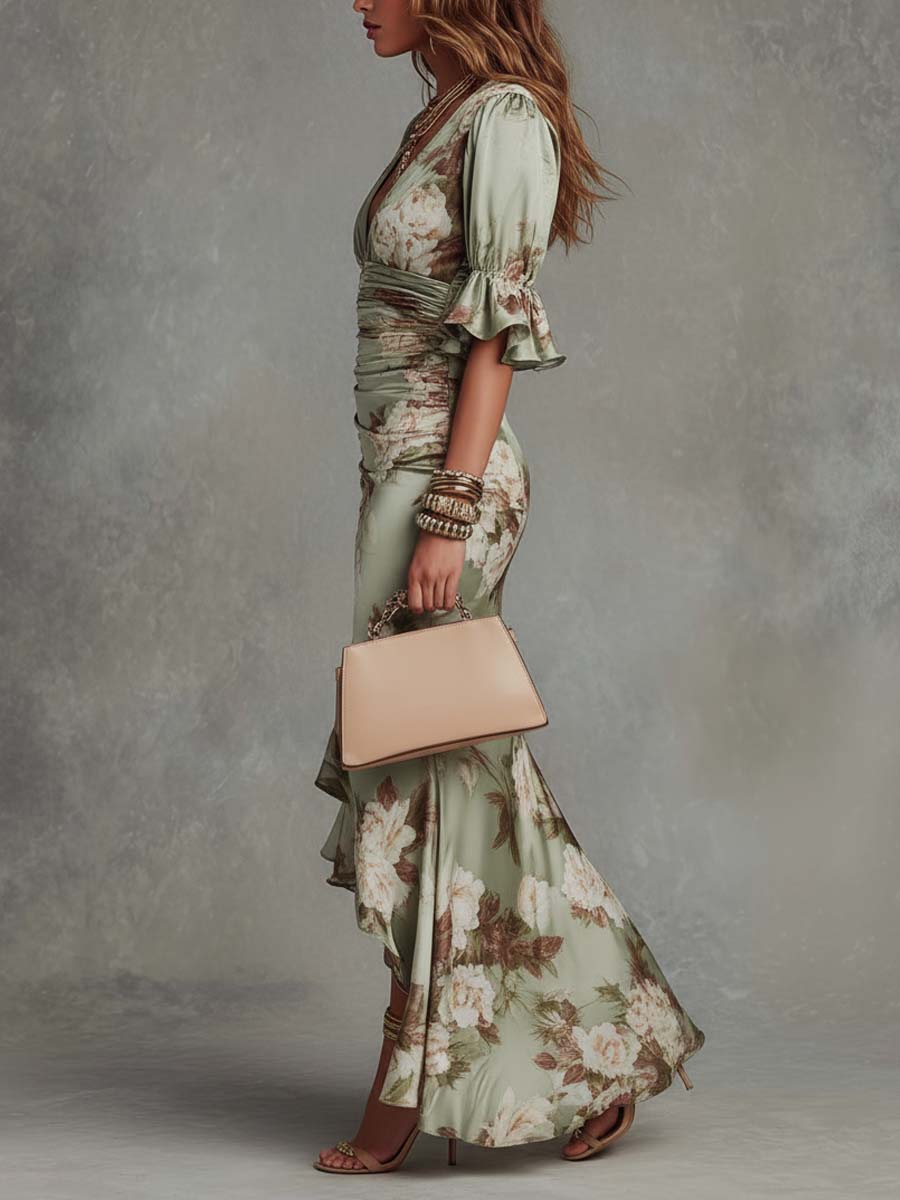 Ana | Vestido Longo em Cetim com Estampa Floral