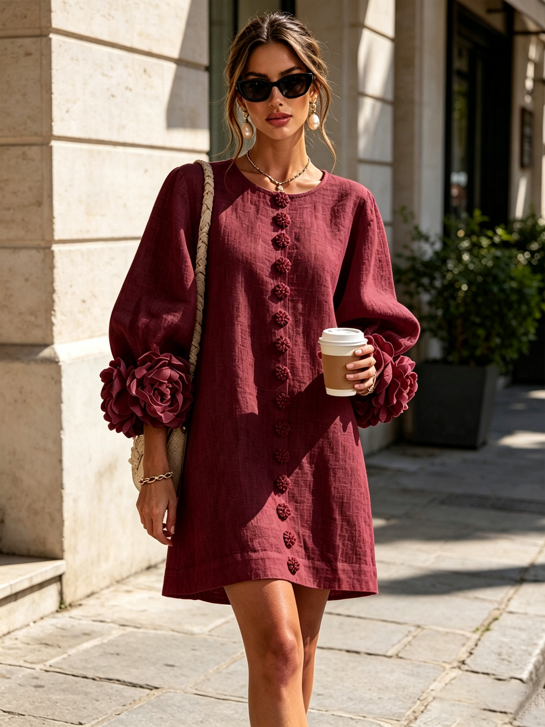 Silvia | Vestido Mini com Botões e Punhos Florais