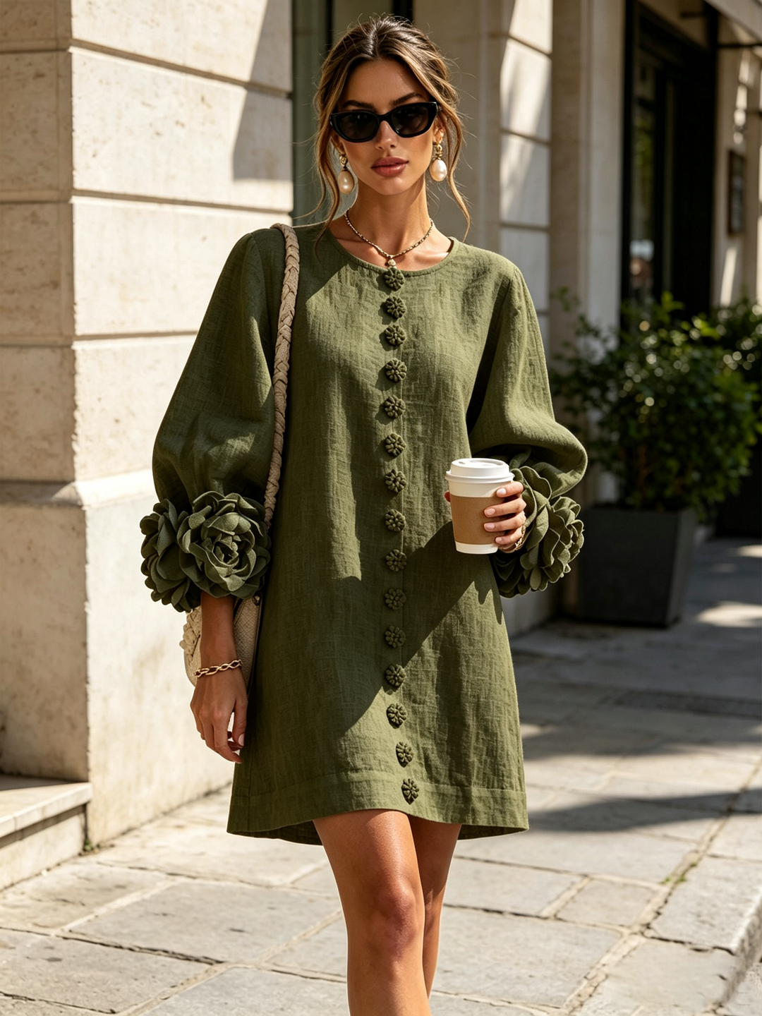 Silvia | Vestido Mini com Botões e Punhos Florais