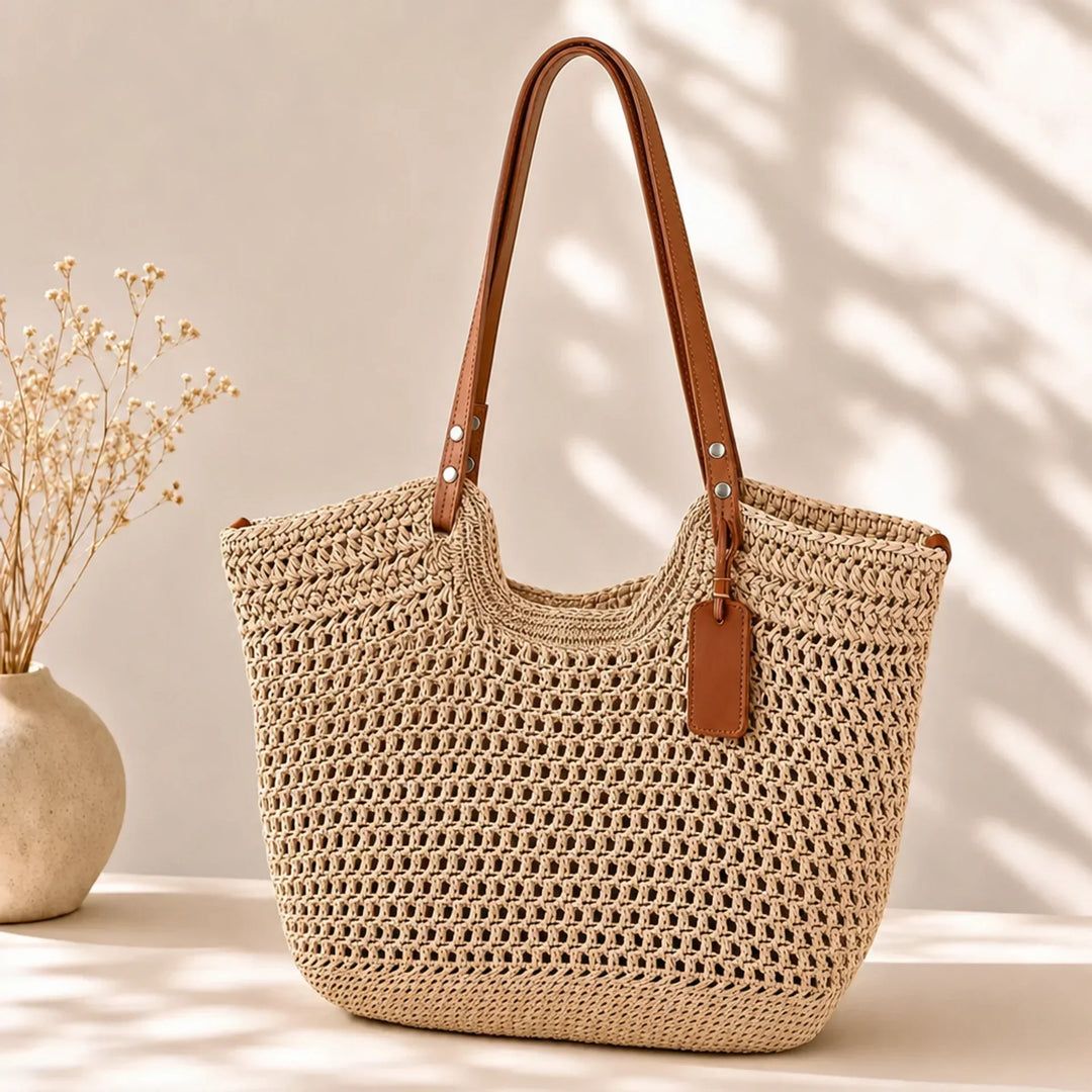 Alina | Bolsa Shopper Trançada à Mão em Crochê - Bege Claro