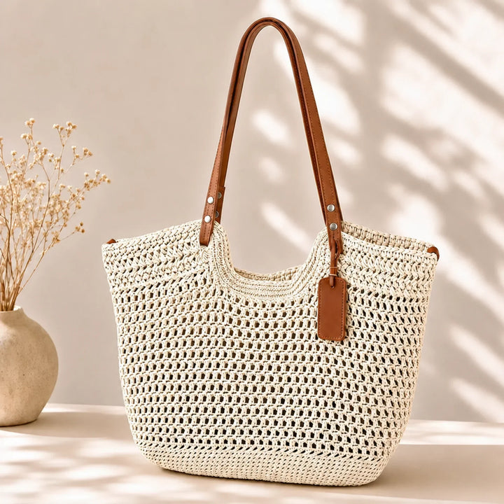 Camelia | Bolsa Shopper Trançada à Mão em Crochê - Marfim